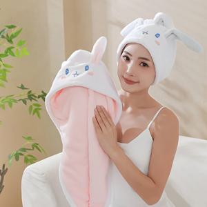1개입 헤어 드라이 타월, 귀여운 토끼 귀 모양, 젖은 머리를 감싸는 모자, 부드러운 코랄 플리스 소재, 흰색/분홍색, 여성용 헤어 드라이 타월