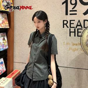 Genayooa Y2k 일본 셔츠 여성 반팔 빈티지 탑 스트리트웨어 아메리칸 레트로 셔츠와 블라우스 워시 그레이 셔츠 여름