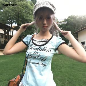 Karrram 일본 Y2k 레터 프린트 티셔츠 2000년대 스타일 가짜 투피스 탑 빈티지 하라주쿠 큐트코어 티셔츠 로리타 아메리칸 레트로