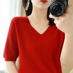 봄 여름 여성 스웨터 니트 티셔츠 V넥 반팔 니트웨어 한국 패션 풀오버 솔리드 보텀 셔츠 점퍼