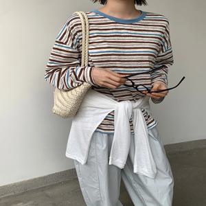 봄과 여름 여성 캐주얼 대비색 라운드 넥 긴팔 스트라이프 자외선 차단 티셔츠