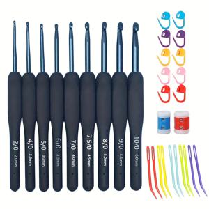 9개의 인체공학적 크로셰 바늘 세트(2-6mm) 부드러운 고무 그립, 실 뜨개질 바늘, 스티치 마커, 행 카운터, 바느질 도구 키트 포함