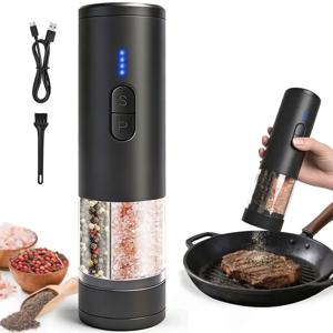 전기 자동 2-in-1 후추 및 소금 분쇄기, 분리형 분쇄 헤드가 있는 이중 챔버, USB 조절식, 한 손 조작 가능, 주방용