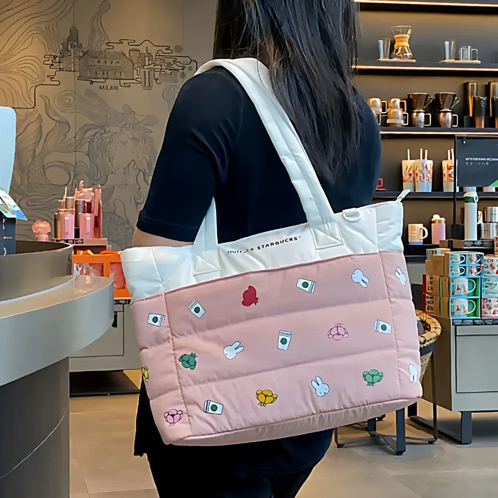 Kawaii Miffy 귀여운 대용량 토트 백 데일리 캐주얼 숄더 백 다기능 보관 가방 소녀를위한 선물 장난감