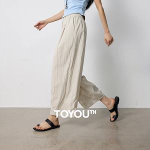 TOYOUTH 여성 캐주얼 바지 2026 여름 새로운 하이 웨이스트 탄성 와이드 레그 약간의 주름이 있는 편안한 심플 스타일 발목 바지