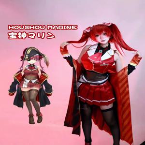 버추얼 앵커 Houshou 마린 코스프레 의상 VTuber Hololive 캡틴 코트 레드 드레스 모자 가발 여성용 섹시 카니발 파티 세트