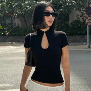 만다린 칼라 반팔 티셔츠 여성 중국 스타일 매듭 버튼 속이 비치는 티셔츠 우아한 Y2K 시크 스트리트웨어 여름 옷