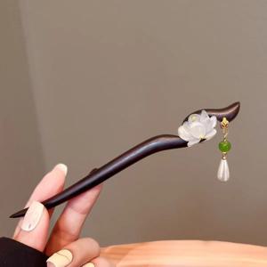 빈티지 화이트 로터스 모조 블랙 샌달우드 헤어핀 여성용 중국 스타일 프린지 우드 헤어 스틱 헤어핀 헤어 액세서리