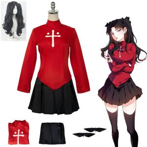 애니메이션 게임 Fate Stay Night 토사카 린 코스프레 의상 가발 여성용 레드 셔츠 스커트 스타킹 헤어핀 할로윈 파티 세트