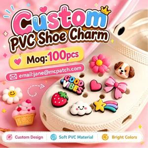 맞춤형 PVC 신발 참 장식, 개인 맞춤형 부드러운 고무 크록스 참 장식, 신발용 맞춤형 로고 만화 귀여운 PVC 신발 액세서리, 대량 주문 MOQ 100개