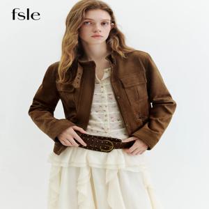 FSLE【프리미엄 시리즈】빈티지 스타일 스탠드 칼라 모토 재킷, 아메리칸 헤리티지 스트리트 스타일을 위한 크롭 페이크 스웨이드 유틸리티 코트