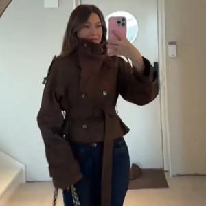 가을 겨울 여성용 크롭 트렌치 재킷 인조 스웨이드 더블 브레스티드 스탠드 칼라 벨트 허리 슬림 핏 캐주얼 아우터웨어 코트