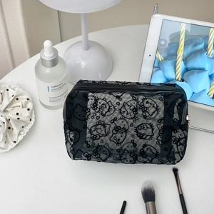 귀여운 검은 고양이 패턴 메쉬 화장품 수납 가방, 휴대용 여행용 세면도구 수납 가방