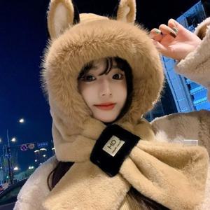 새로운 겨울용 따뜻한 모자와 목도리 세트, 방풍 기능이 있는 두꺼운 소재의 여우 귀 모양 모자, 부드러운 소재로 귀를 보호하는 풀오버형 모자, 야외용