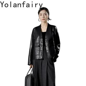 욜란페어리(YOLANFAIRY) 천연 소가죽 소재의 여성용 빈티지 스타일 가죽 재킷, 2026년 V넥 오버사이즈 디자인