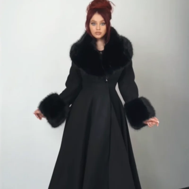 여성 우아한 롱 울 블렌드 코트 인조 퍼 빅 칼라 커프스 허리 조절 플레어 A라인 맥시 코트 레트로 파티 아우터 오버코트