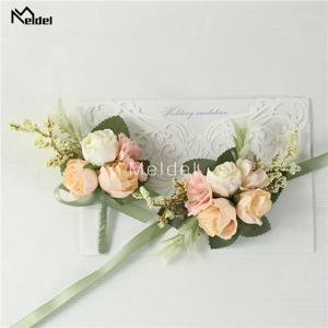 멜델 손목 코사지 웨딩 남자 Boutonniere 소녀 팔찌 신랑 핀 신부 들러리 손목 코사지 꽃 실크 레드 로즈 Boutonniere