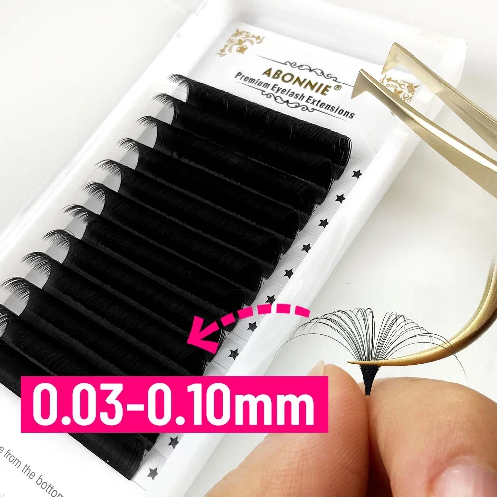 Abonnie 0.03-0.10mm 매트 다크 블랙 이지 팬 속눈썹 볼륨 익스텐션 메가 속눈썹 블루밍 팬 속눈썹 연장 Cilios