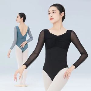 여성용 발레 레오타드, 체조 레오타드, 스퀘어 칼라, V 백, 긴 소매, 댄스 레오타드, 나일론 댄스 바디 슈트, 성인 수영복