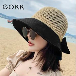 COKK-여성용 여름 모자, 니트 통기성 접이식 태양 모자, 활 포함, 태양 보호 양산, 한국 해변 모자, 여행용 신상품