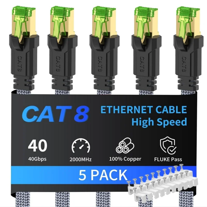MIZIQIER 5개입 롱 CAT8 플랫 네트워크 케이블, 40Gbps SFTP RJ45 LAN Cat 8 케이블, 모뎀, 라우터, 게이밍 PC, PS4/5/6, Xbox용 패치 코드