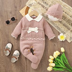 유아 소녀 Rompers 모자 옷 가을 겨울 핑크 긴 소매 니트 신생아 점프 슈트 복장 0-18m 유아 Outwear Playsuits