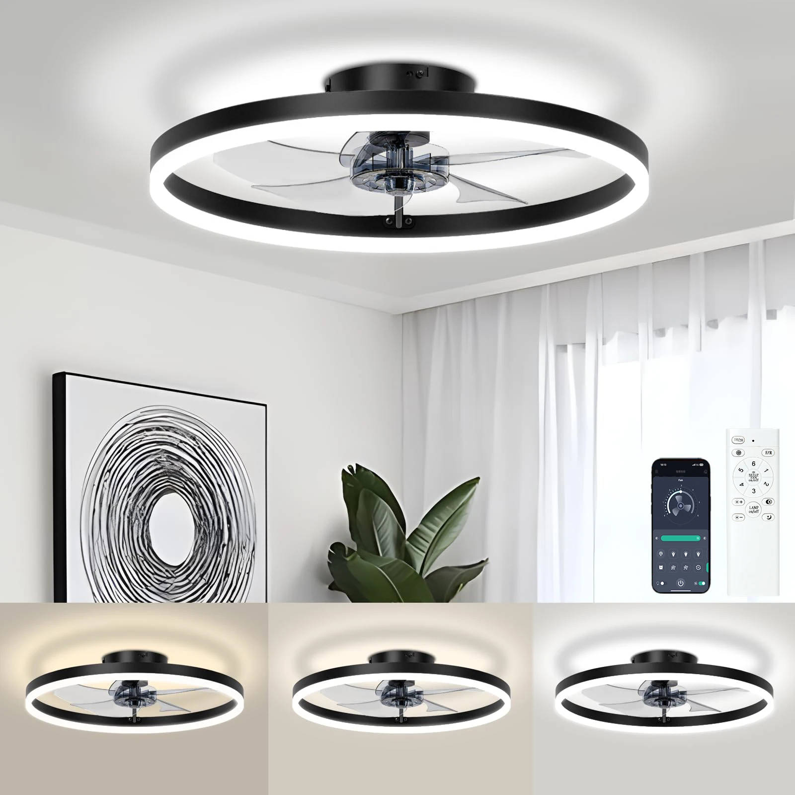 조명 및 리모컨 포함 스마트 천장 선풍기, 6 단 밝기 조절 LED 선풍기 램프, 플러시 마운트 천장 선풍기, 침실 거실 주방