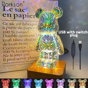 LED 불꽃 놀이 램프 3D 곰 밤 빛 USB 디 밍이 가능한 프로젝터 다채로운 분위기 데스크탑 침실 테이블 Decora 조명 선물