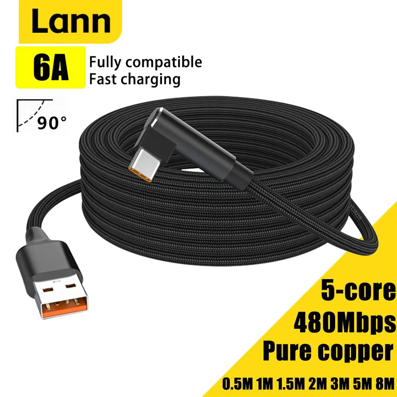 팔꿈치 USB C 6A 고속 충전 Huawei,Xiaomi,Samsung,Google,Apple MACBOOK iPad Air 게임용 3m 5미터 유형 C 데이터 케이블 확장