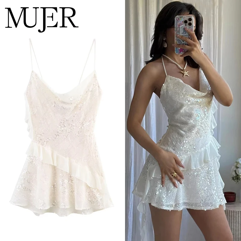 MUJER 2025 시퀸 미니 드레스 여성 섹시 슬립 파티 드레스 여름 백리스 여성 드레스 스트랩 비치 숏 드레스