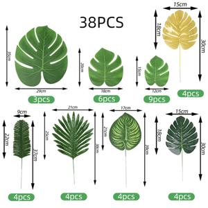 38Pcs 인공 팜 리프 세트 가짜 식물 꽃다발 룸 테이블 장식 웨딩 장식을위한 현실적인 녹색 식물 하와이 파티