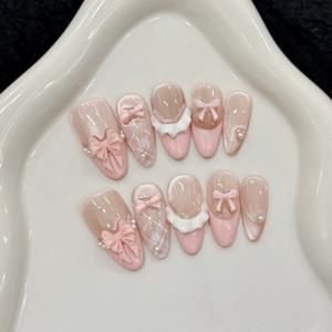 10pcs 손톱에 수제 프레스 프랑스 고양이 눈 핑크 보우 장식 한국어 거짓 손톱 착용 가능 전체 커버 기능 아몬드 거짓 손톱 팁