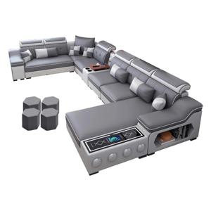 Linlamlim 현대 과학 패브릭 단면 소파 세트, 긴 의자 라운지, 블루투스 스피커, 거실용 USB 충전 포트