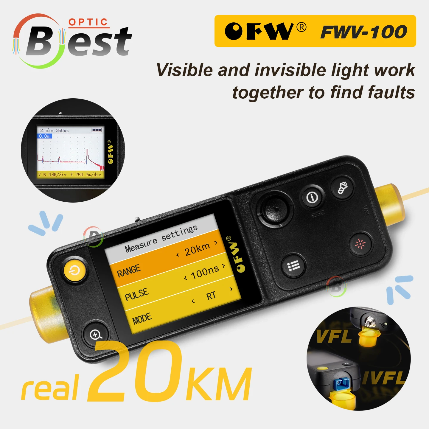 OFW 20KM 미니 OTDR 라이브 테스터 광학 오류 파인더 광학 시간 영역 반사계 파이버 레인저 FTTB FTTH 브레이크포인트 VFL 10MW