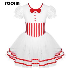 캔디 케인 스트라이프 메쉬 투투 레오타드 드레스 어린이 소녀용 나비 매듭 장식 크리스마스 댄스웨어 미세스 산타 클로스 발레 의상