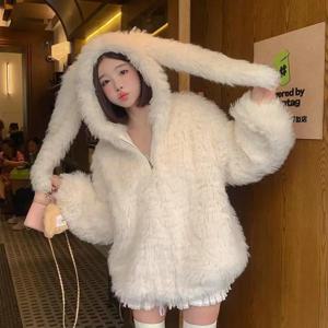 여성용 인조 모피 재킷 후드 두꺼운 따뜻한 후디 토끼 귀 외투 지퍼 샤기 오버코트 가을 겨울 스트리트웨어