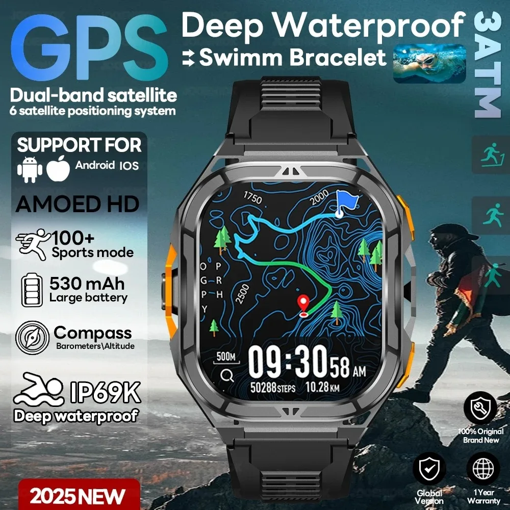 2025년 신형 GPS 스마트워치 남성용 1.96인치 HD AMOLED 화면 나침반 블루투스 통화 5ATM 방수 스포츠 스마트워치 안드로이드 iOS용