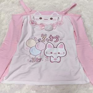 귀여운 고양이 프린트 홀터넥 긴팔 티셔츠 페이크 투피스 어깨 노출 스타일 달콤한 일본식 미학 슬림핏 여성용