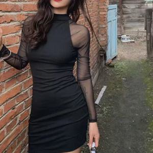 메쉬 패치워크 하프 하이넥 여성 드레스 블랙 패션 시스루 긴팔 슬림 클럽웨어 여성 미니 드레스 바디콘