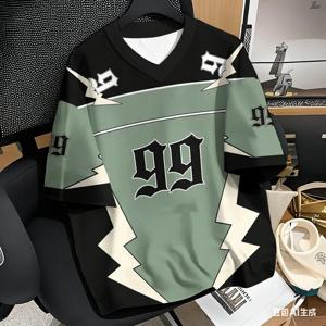 커플 의상 넘버 99 컬러 블록 프린트 티셔츠 반팔 스포츠 루즈핏 저지 티셔츠 빈티지 오버사이즈 스트라이프 티셔츠 의류