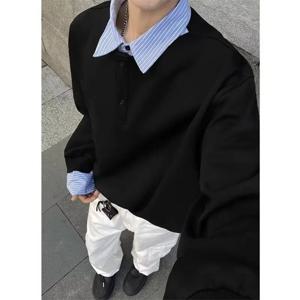 큰 사이즈 페이크 투피스 남성 셔츠 긴팔 카라 헨리 베이스 레이어 탑 가을 이너웨어 패셔너블 스탠다드 핏 폴로