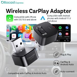 오토캐스트 미니 닷 무선 카플레이 안드로이드 오토 어댑터 2 in 1 USB 동글 플러그 앤 플레이 블루투스 5.0 자동 연결 (폭스바겐, 아우디, 벤츠용)