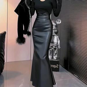 우아한 하이웨이스트 PU 가죽 미니스커트 여성 가을 겨울 신상 피쉬테일 스커트 나이를 잊게 하는 스트릿 스타일 패션