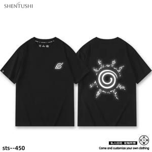 어린이 티셔츠 나루토 나인 테일 애니메이션 코튼 양면 프린트 부모 자녀 착용 여름 캐주얼 라운드 넥 티셔츠
