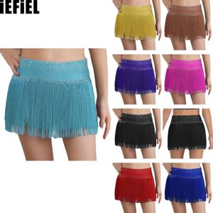 키즈 여아 태슬 라틴 댄스 스커트 반짝이는 라인스톤 브리프 스커트 무대 공연용 단색 스커트 댄스웨어