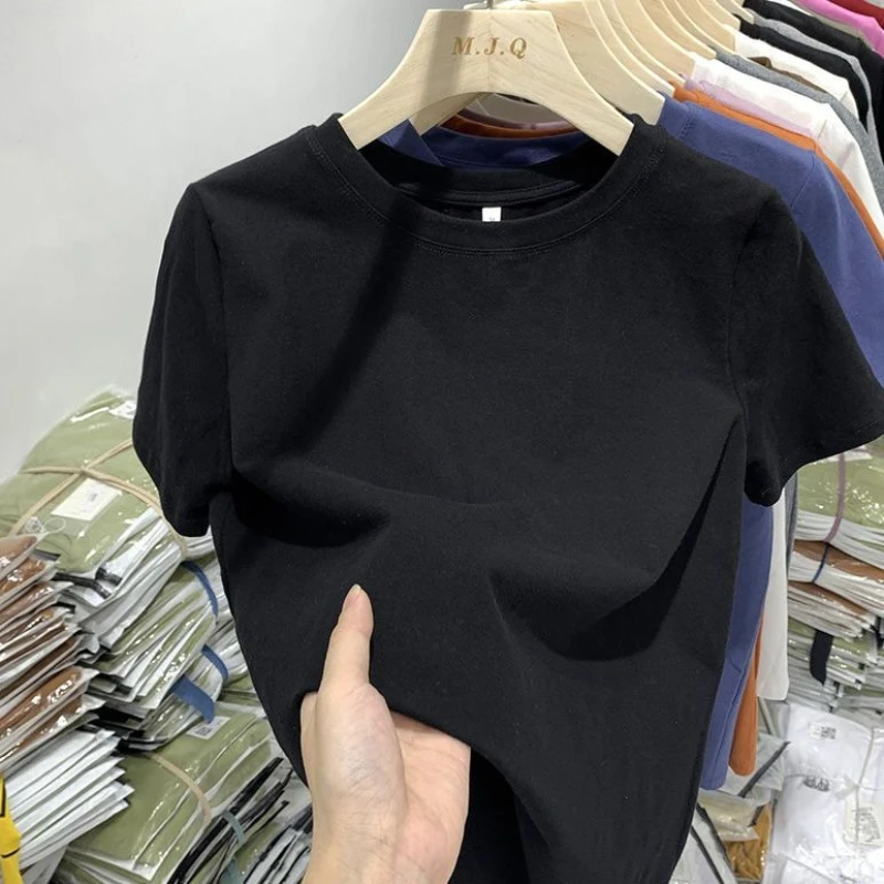 기본 여성용 솔리드 티셔츠 캐주얼 통기성 반팔 탑 여름 O-넥 소프트 티셔츠 루즈한 여성 의류 특별 제공