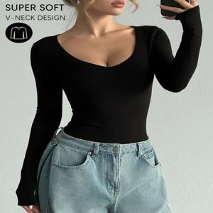 여성용 긴팔 티셔츠, 하이 스트레치 슈퍼 소프트 브이넥, 올시즌 핏