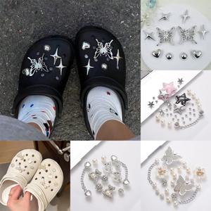 클로그용 신발 참 장식, 실버 색상 DIY 액세서리, 귀엽고 세련된 나비, 진주 체인, 꽃, 동물 장식, 샌들용 패션 액세서리