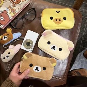 동전 지갑 리락쿠마 귀여운 곰과 닭 플러시 만화 카드 홀더 짧은 신분증 문서 파우치 휴대용 수납 가방 일상용