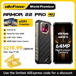 eSIM Ulefone Armor 22 Pro 러기드폰 Android 16 6.58인치 FHD+ 120Hz 64MP 나이트비전 MediaTek G200 128GB/256GB 글로벌 버전 방수 방진 아웃도어 스마트폰